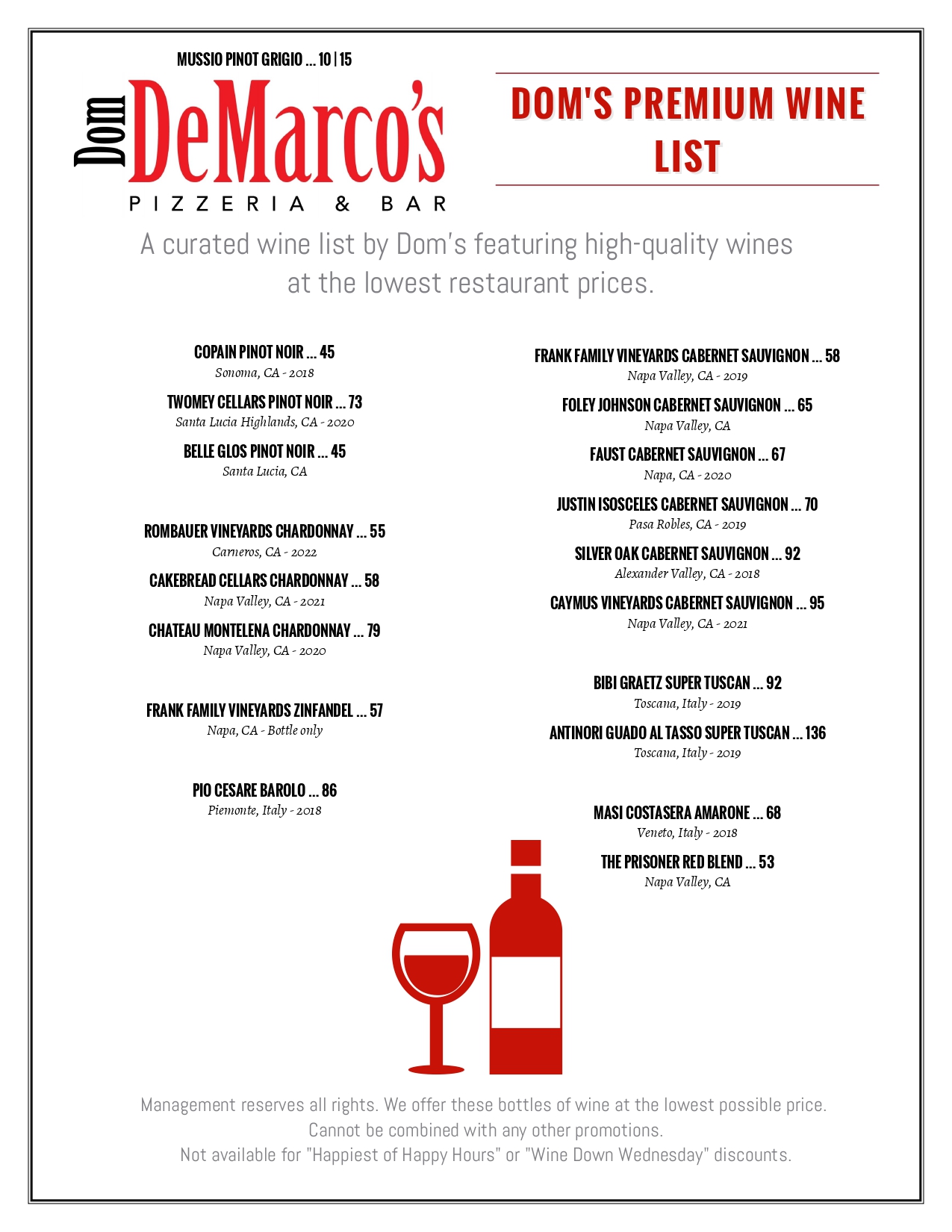 Dom's Premium Wine List